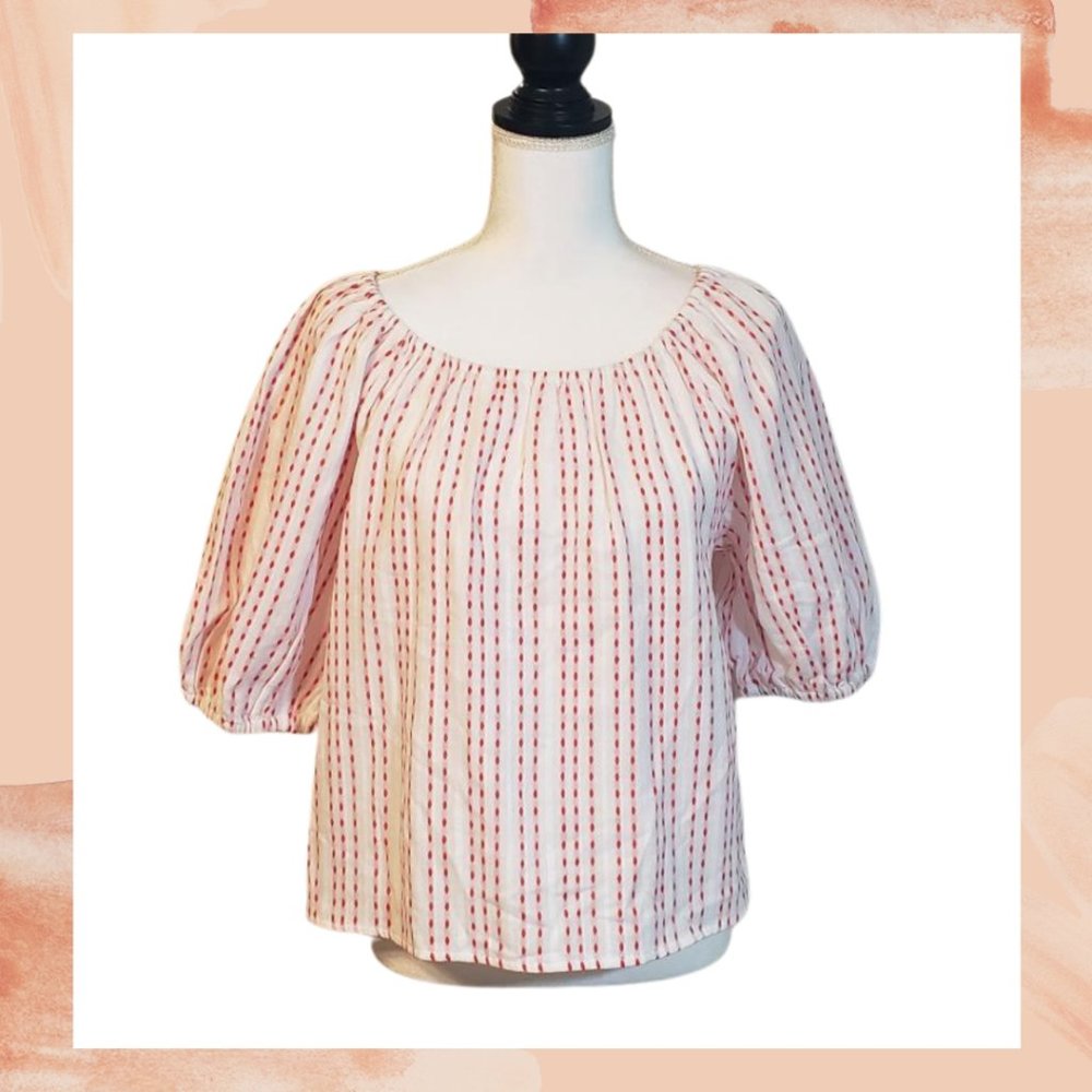 NWT White/Red Elbow Puff Sleeve Blouse